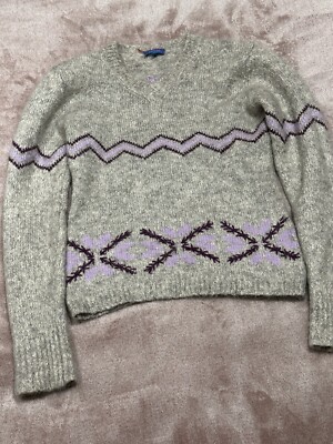 Escada Sport Grey Crew Neck Sweater Winter Ski Fair Isle Mohair Wool Blend  Sz M