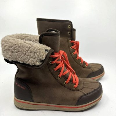 Columbia Winter Boots Youth Size 4 Brown Orange Excellent Waterproof Faux Fur