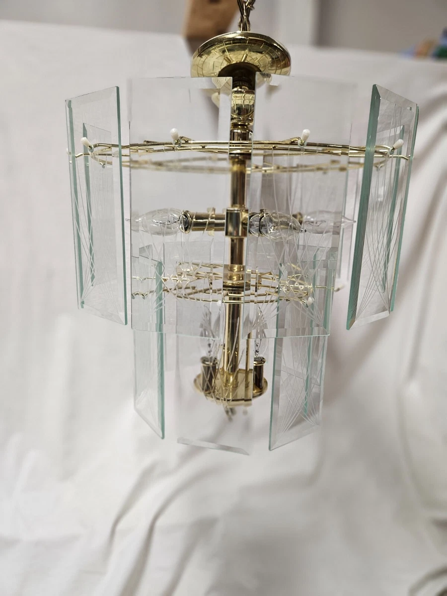 Beveled Glass Panel and Brass Chandelier