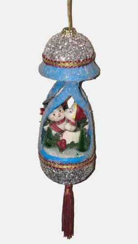 VTG Kissing Snowman Flocked Christmas Ornament Ice Sugar Glitter Tassel