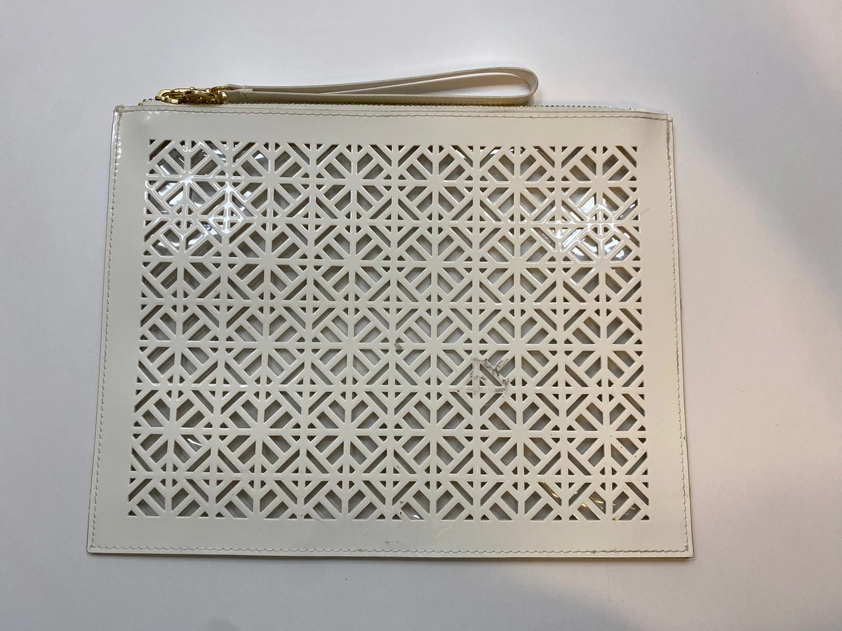 Tory Burch White Lace Laser Cutout Bag Makeup Wristlet Clutch