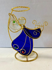 Blue Halo Angel with Harp Stained Glass Tea Light Candle Holder 7 1/2"