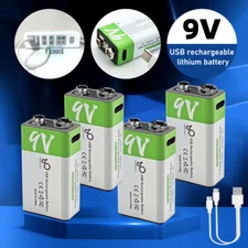 4Pack USB Rechargeable 9V Lithium Batteries 650mWh 9 Volt LI-ion Battery Pack 