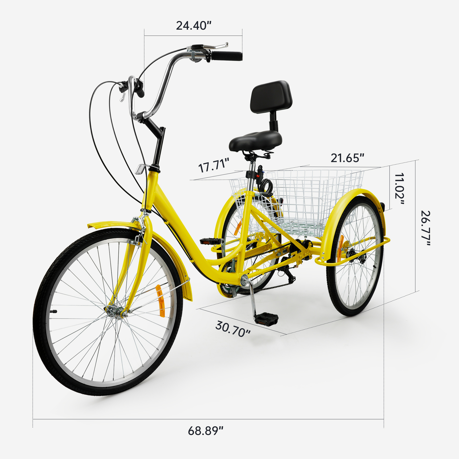 24" 7-Speed Adult Trike Tricycle 3-Wheel Bike  w/Basket for Shopping Yellow
