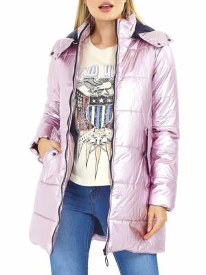 Womens Puffer Jacket Padded Metallic Pink Longline Coat Size 12
