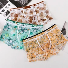 Mens Floral Thin Mesh Print Breathable Trunks Underpants Boxer Briefs  for