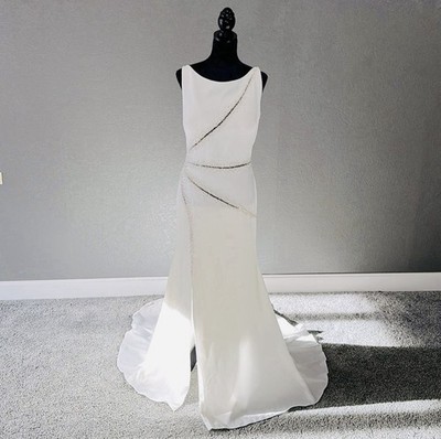 Pronovias crêpe Wedding Dress side slit Beaded Sleeveless Boat Neck Size 14