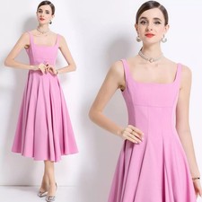 Abito Rosa Elegante Longuette Svasato A Spalline Con Taglio Slim In Vita CF48977