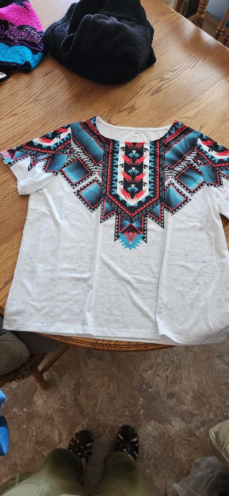 Womens Plus Size 2XL Tribal Geometric Print Short Sleeve Knit Cotton T Shirt