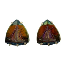 Sailing Ship Cufflinks Intaglio Glass Multicolor Iridescent Vintage Swank