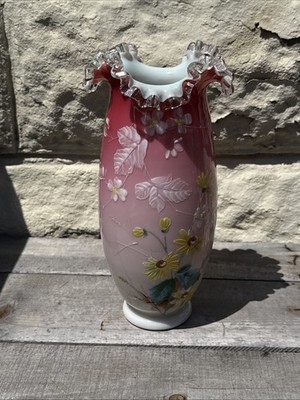 Vintage Antique Cased Glass Vase Pink Hand Painted Ruffle Top
