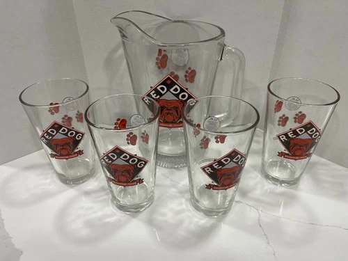 VINTAGE 4 Red Dog Pint Beer Glasses w/ Pitcher 1995 Rare New Uncommonly Smooth