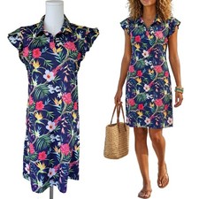 Gottex Blue Tropical Floral Flutter Sleeve Active Mini Dress Large Coverup Vacay