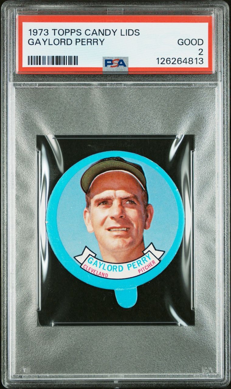 Gaylord Perry Baseball Cards 1973 Topps Candy Lids trading card — raw and PSA graded price guide