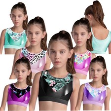 Kids Girls Crop Top Performance Bra Jazz Vest Metallic Printed Costumes Party