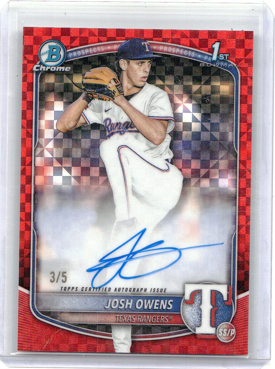 Josh Owens 2025 Bowman Draft Chrome Autographs Red X-Fractor #/5 Rangers