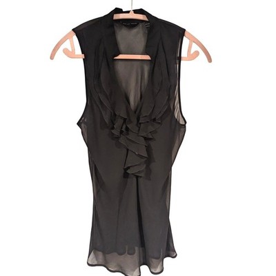 Black Ruffle Front Sleeveless Sheer Chiffon Blouse Sz 10 Whimsigoth Dark Romance