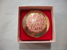 VTG BABY'S FIRST HAIR CURL/GOLDTONE/PINK METAL CONTAINER WITH BOX/ EXCELLENT