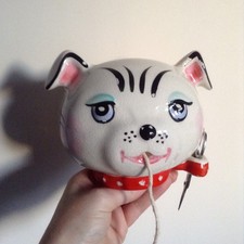 Deco 1920s Scarce Arthur Wood Pot Wall White Doggy Head Scissors & String Holder
