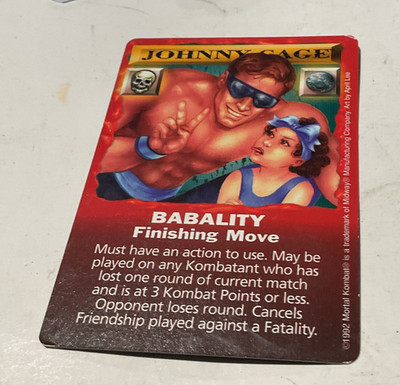 Midway Mortal Kombat 1992 Johnny Cage BABALITY Finishing Move Trading Card