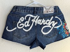 New Ed Hardy Shorts Women s 28 Blue Denim Cut Off Graphic Logo Y2K Love Eternal