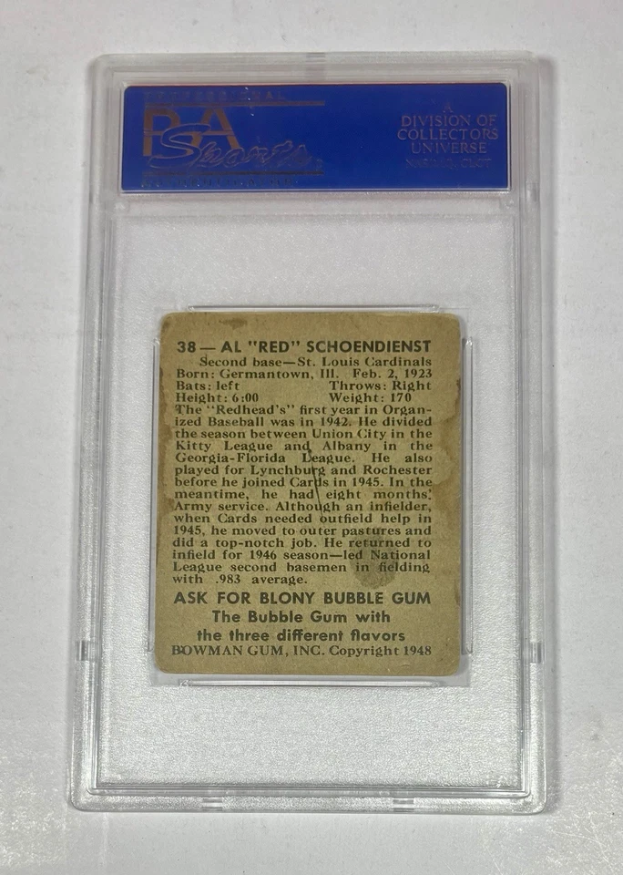 1948 Bowman RED SCHOENDIENST HOF PSA SIGNED AUTO ROOKIE Baseball Card #38 - Image 2 of 2