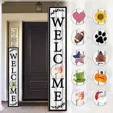 Welcome Sign for Front Door, 47" x 7.9" Standing Large Wooden Welcome Porch D...