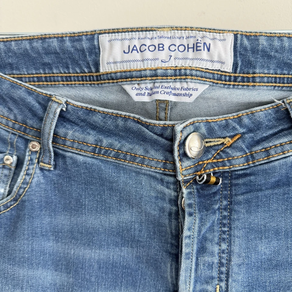 Pantalones de mezclilla Jacob Cohen para hombre 34x28 azul 622 ajustados cómodos elásticos hechos a mano en Italia Foto 4 de 4