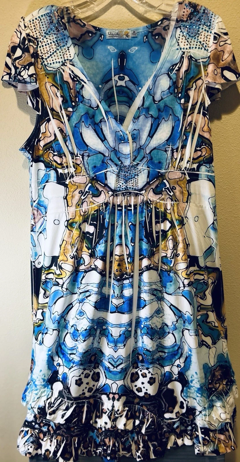 Unity World Wear Size M Blue Abstract Print Embellished V-Neck Ruffle Hem Dress
Opens in a new windo