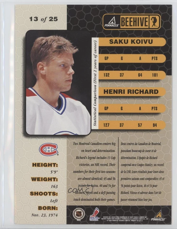 1997-98 Pinnacle Beehive Team Saku Koivu #13 - Image 2 of 2