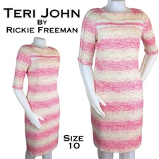 Teri Jon Rickie Freeman Sheath Dress 10 Pink Beige Stripe Texture Coastal Beachy