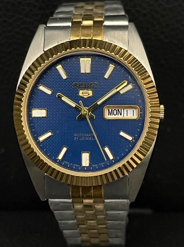 Vintage Seiko 5 Automatic Refurbished Bicolor 36mm Blue Dial Watch