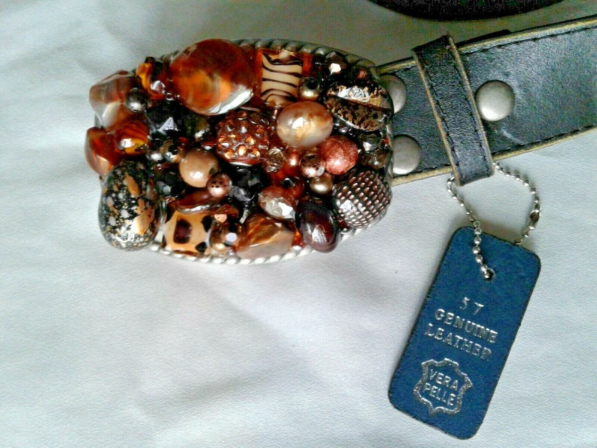 Vera Pelle Leather Iridescent Pebble and Rhinestone Buckle Belt Small Vintage Vera Pelle Brown Leather Belt: Wide Studded  main image 4