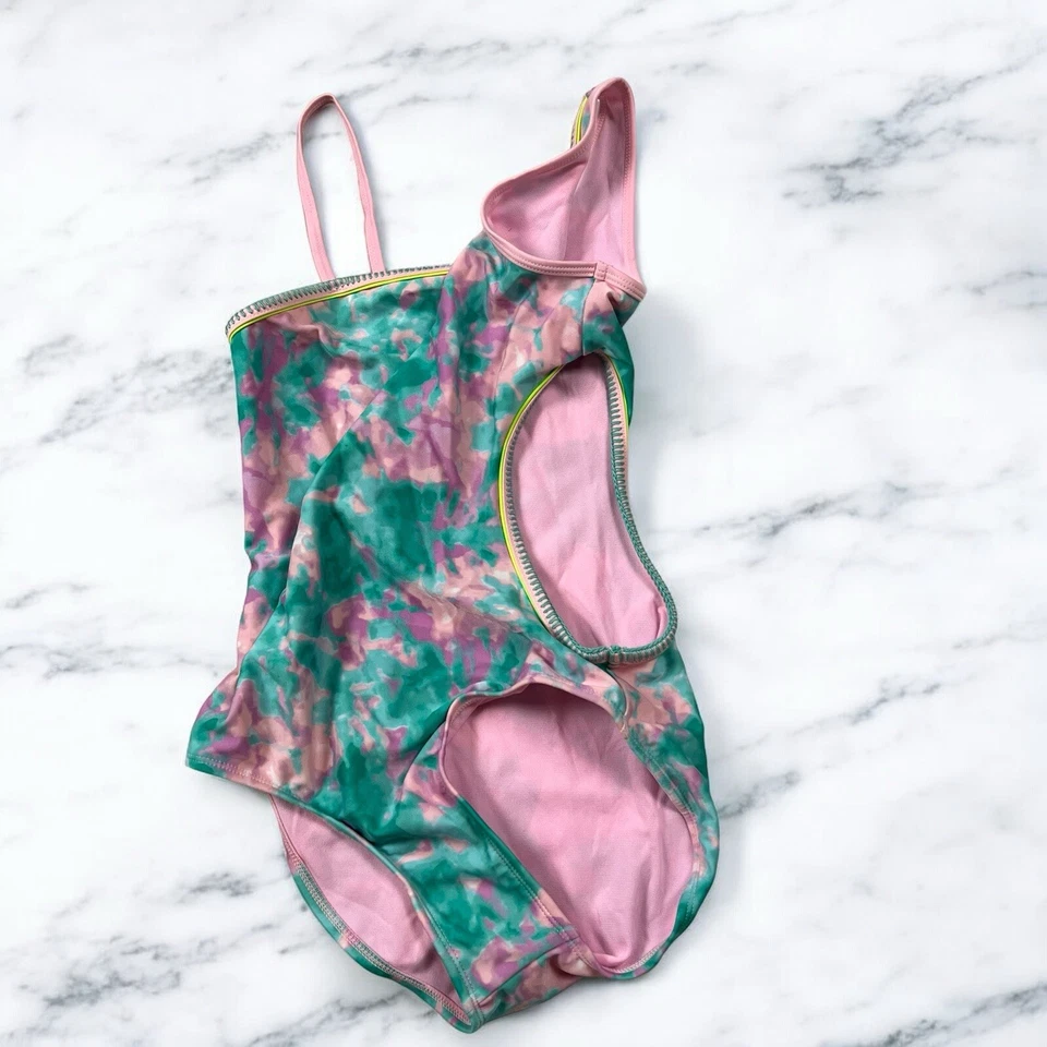 Maiô Xhilaration One Piece tamanho grande 10/12 meninas verde rosa recortado tingimento de gravata - Imagem 2 de 4