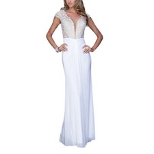 La Femme Lace Embroidered Cutout- Back Cap-Sleeve Gown Size 6 NWT