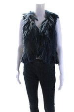 Jocelyn Womens Fur Textured Frayed Trimmed Open Front Vest Jacket Blue Size S