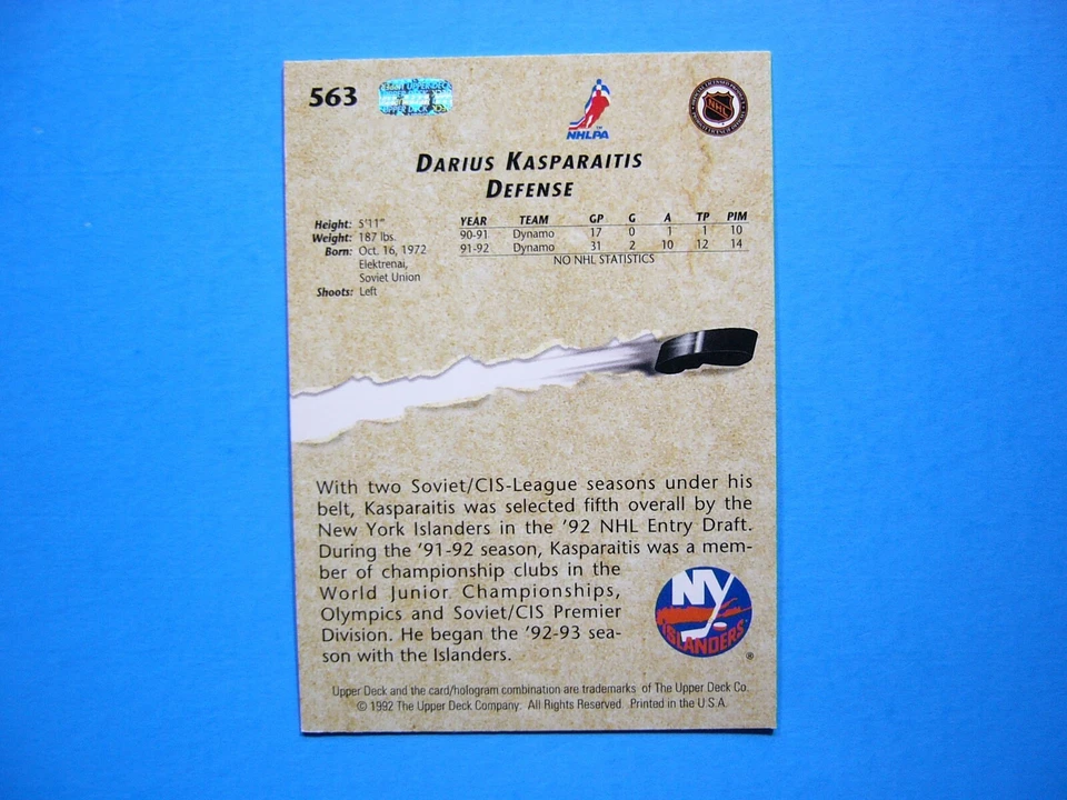 1992/93 UPPER DECK YOUNG GUNS HOCKEY CARD 563 DARIUS KASPARAITIS ROOKIE EX/NM NM - Image 2 of 2