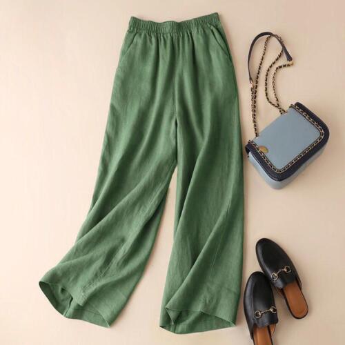 Women 100% Linen Pants Wide Leg Crop Pants elastic waist linen summer pant Loose