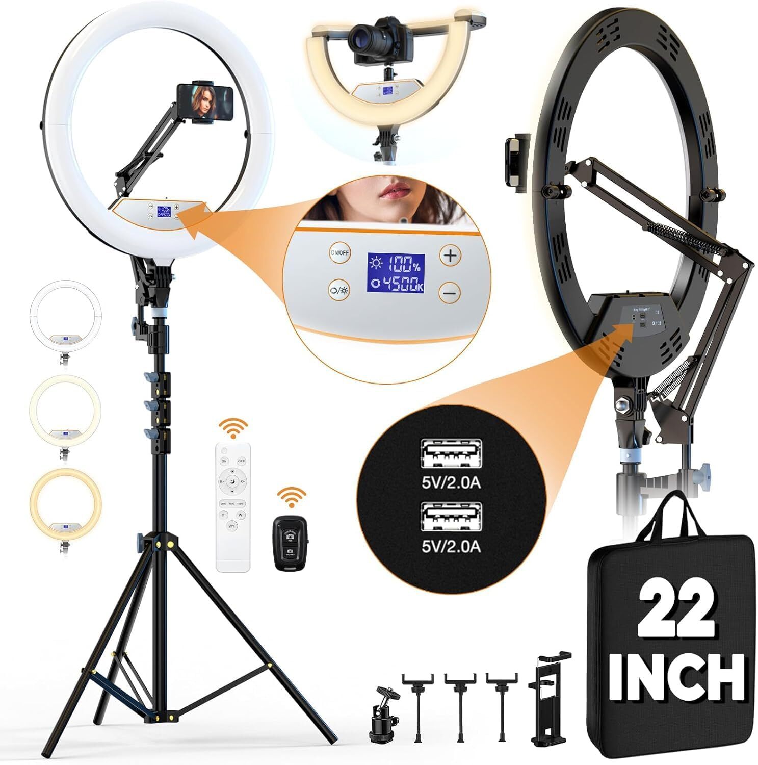 22-inch Ring Light with Stand, 71-inch Tripod, LCD Display, 5 Modes for iPhone/iPad-image