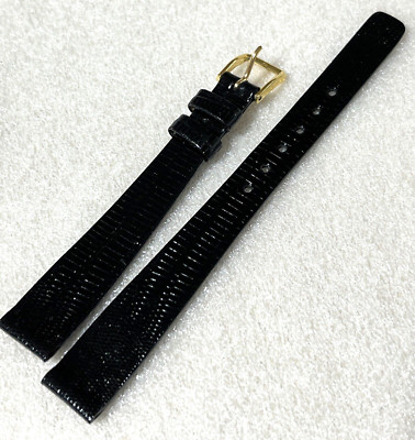 13 /9 mm Watch Strap Black Teju Lizard Leather Shiny EXTRA THIN LONG 7.4''  USA