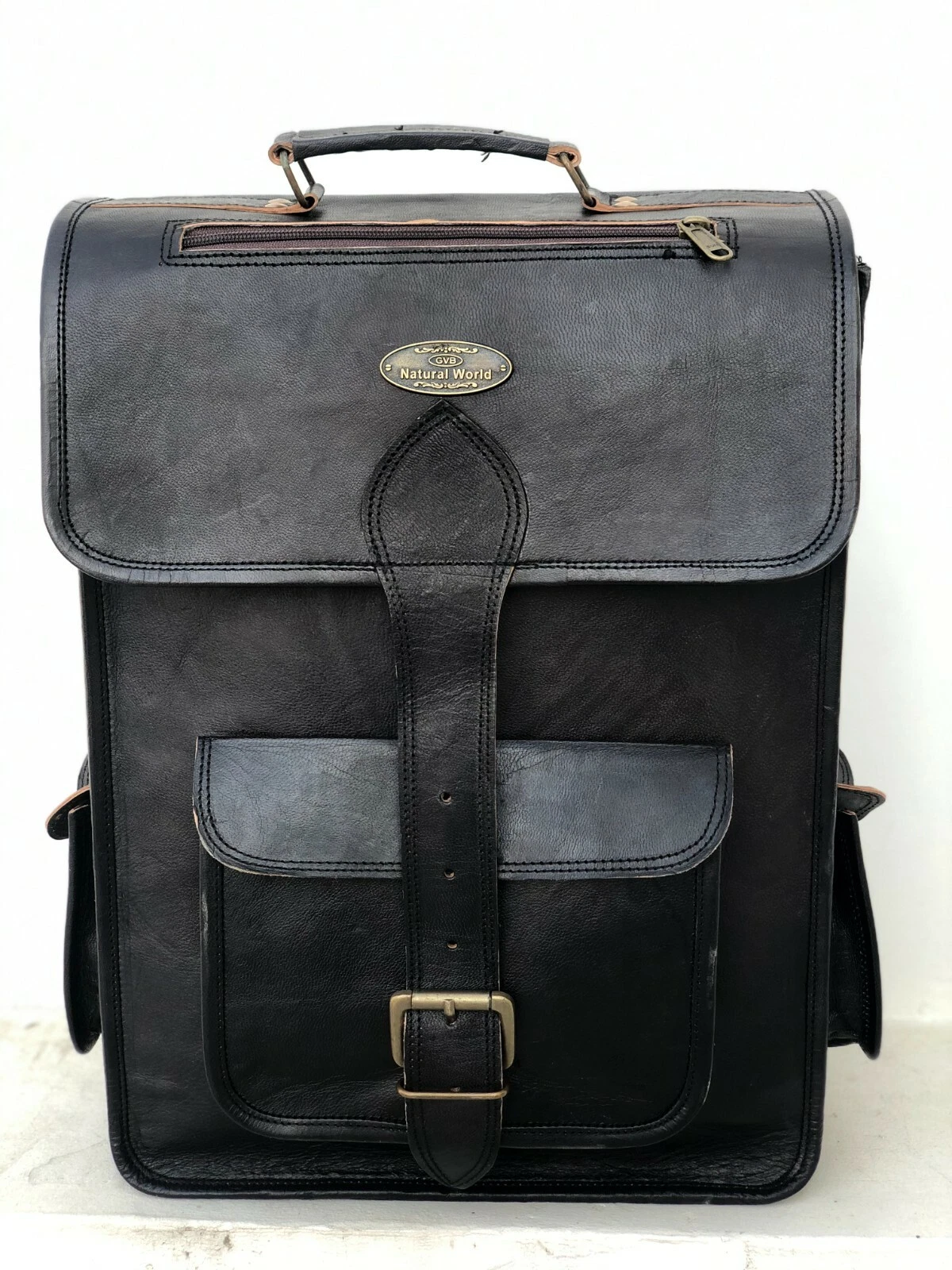 New Men's Vintage Black Leather Rucksack Shoulder Laptop Backpack Traveling Bag