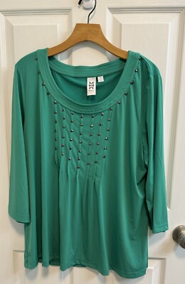 Marc Bouwer XL Green Top Pleat Front Gunmetal Stud Detail 3/4 Sleeve New A215853