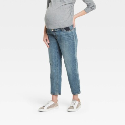 Isabel Maternity Straight Jeans Size 16 Side Panels Distressed Faded Blue