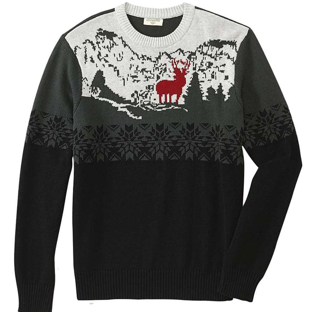 Dockers Mens Green Black Scenic Reindeer Christmas Sweater