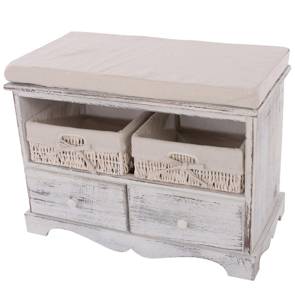 Kommode Sitzbank Mit 2 KöRben 42X62X33Cm, Shabby-Look, Vintage Weiß-image