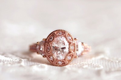 Stylish Art Deco Ring 1ct Oval Cut Simulated Diamond 14k Rose Gold Plated