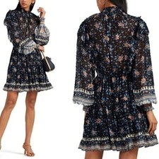 Ulla Johnson Womens Mock Neck Silk Blend Floral Blue Mini Dress Blue Size 2