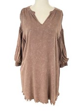 Umgee Womens Tunic Dress S Brown Fringe Hem 100% Rayon Puff Sleeve V-Neck Boho