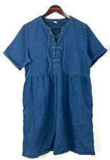 Old Navy Chambray Babydoll Tie Neck Denim Shirt Dress Short Sleeve SZ L 1150R4