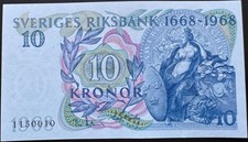 One Banknote 10 Sweden Kronor Sveriges Riksbank Dated 1968 Circulated